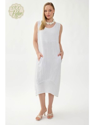 Vitrin %100 Keten Yuvarlak Yaka Sıfır Kol Cepli Elbise