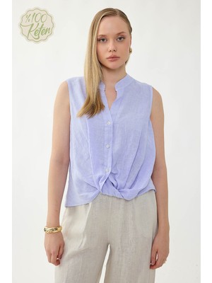 Vitrin %100 Keten Sedef Düğme Önü Büzgülü Bluz