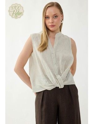 Vitrin %100 Keten Sedef Düğme Önü Büzgülü Bluz