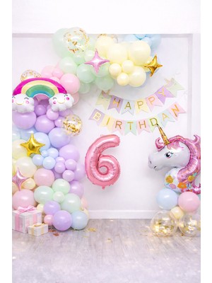 Yaş Balonlu Unicorn Temalı Pastel Doğum Günü Süsleme Seti Balon Zincirli Deluxe Parti Seti Konsepti