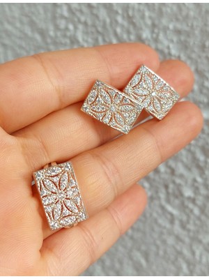 Midyat Nurtaş Gümüş Zirkon Taşlı Çiçek Model Trabzon Hasırı Kadın Gümüş Küpe-Yüzük Set 201025275