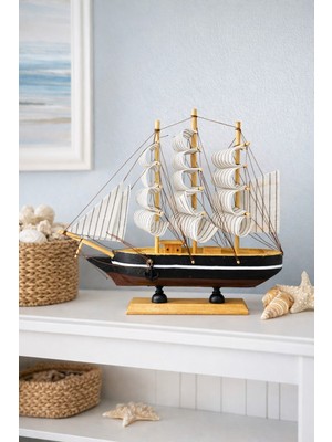Hediye Filesi Büyük Boy El Yapımı Ahşap Yelkenli Gemi Maketi 24 x 24 cm – Dekoratif Ofis /  Salon Hediyesi 529-D