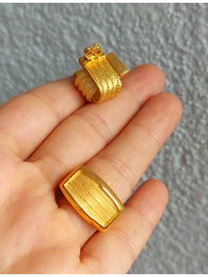 Midyat Nurtaş Gümüş 5 Sıra Katmanlı Altın Kaplama Trabzon Hasırı Kadın Gümüş Küpe-Yüzük Set 201025273