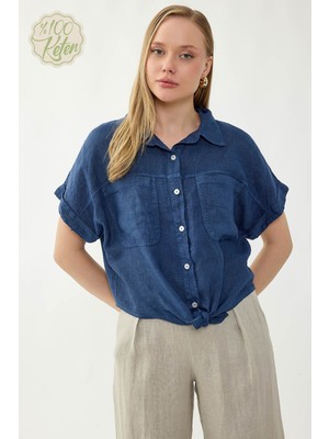 Vitrin %100 Keten Kapak Cepli Önü Bağlamalı Kısa Kol Gömlek