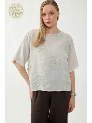 Vitrin %100 Keten Çiçek Motifli Kısa Kol Bluz