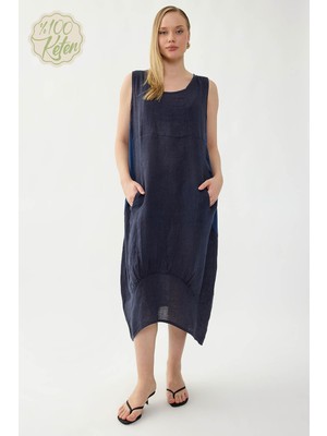 Vitrin %100 Keten Yuvarlak Yaka Sıfır Kol Cepli Elbise
