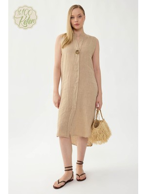 Vitrin %100 Keten Sıfır Kol Önü Düğmeli Elbise