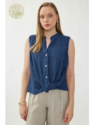 Vitrin %100 Keten Sedef Düğme Önü Büzgülü Bluz