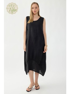 Vitrin %100 Keten Yuvarlak Yaka Sıfır Kol Cepli Elbise