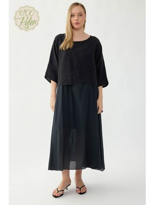 Vitrin %100 Keten Kısa Kol Uzun Elbise