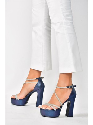 Fox Shoes Lacivert Sim Platform Kalın Topuklu Kadın Abiye Ayakkabı M348202614