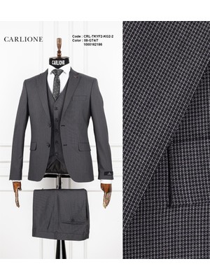Fabio Cassel Slim Fit  Mono Yaka Çift Yırtmaçlı Astarlı Takım Elbise Yelekli
