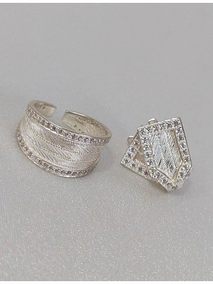 Midyat Nurtaş Gümüş Zirkon Sıra Taşlı Trabzon Hasırı Kadın Gümüş Küpe-Yüzük Set 201025274