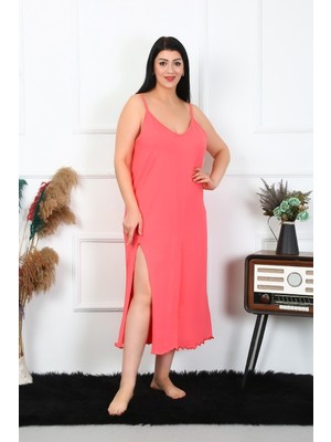Celira Kadın Büyük Beden Ip Askılı Pamuklu Somon Uzun Gecelik