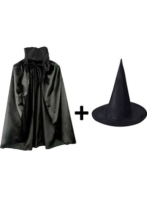Siyah Yakalı Pelerin ve Siyah Cadı Şapkası Seti Çocuk Boy