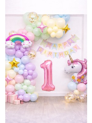 Bkmc Party Yaş Balonlu Unicorn Temalı Pastel Doğum Günü Süsleme Seti Balon Zincirli Deluxe Parti Seti Konsepti