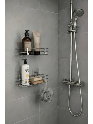 Sas Haus Tek Katlı Duş Rafı – Kancalı Banyo Şampuanlık & Organizer 2 Adet Krom Tş-01