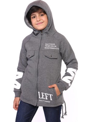 Toontoy Erkek Çocuk Kapüşonlu Fermuarlı Cepli Düşük Omuz Baskılı Reglan Kol Örme Hırka - Beli Ayarlanabilir Bağcıklı 3 Iplik Şardonlu