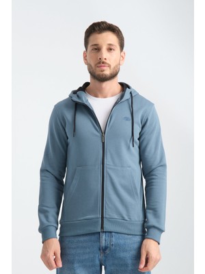 Orman Yeşili Erkek Üç Iplik Şardonsuz Fermuarlı Kapüşonlu Sweatshirt  L