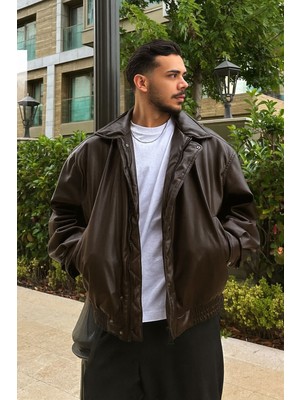 Çerme Vintage Erkek Oversize Kahverengi Deri Ceket