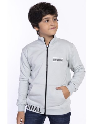 Toontoy Erkek Çocuk Dik Yaka Fermuarlı Cepli Baskılı Örme Hırka - 2 Iplik Şardonlu