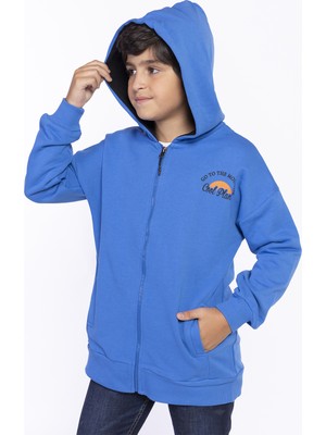 Toontoy Erkek Çocuk Kapüşonlu Fermuarlı Cepli Düşük Omuz Nakış Baskılı Örme Hırka - 3 Iplik Şardonsuz