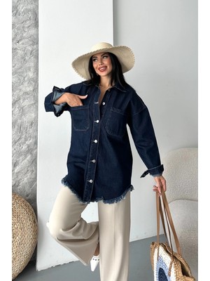 Üreticiniz Cepli Püsküllü Kar Yıkama Kot Ceket Koyu Mavi D2515 481348