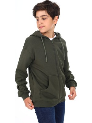 Toontoy Erkek Çocuk Kapüşonlu Fermuarlı Cepli Düşük Omuz Baskılı Örme Hırka - 3 Iplik Şardonsuz