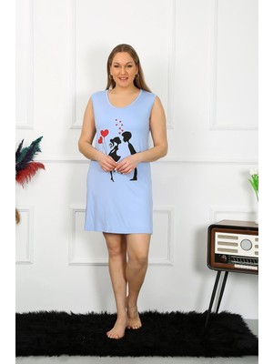 Celira Kadın Büyük Beden Kalın Askılı Penye Diz Üstü Mavi Gecelik