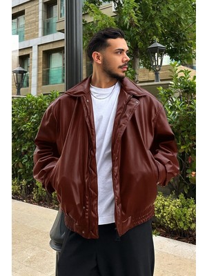 Çerme Vintage Erkek Oversize Bordo İmitasyon Deri Ceket Kolej Yaka Orta Kalınlıkta
