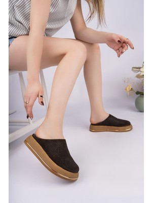 Sy Leather Brenda Model Hakiki Deri Delikli Kalın Taban Kadın Terlik