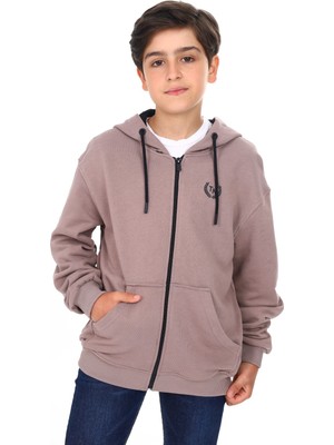 Toontoy Erkek Çocuk Kapüşonlu Fermuarlı Cepli Düşük Omuz Baskılı Örme Hırka - 3 Iplik Şardonsuz
