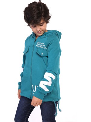 Toontoy Erkek Çocuk Kapüşonlu Fermuarlı Cepli Düşük Omuz Baskılı Reglan Kol Örme Hırka - Beli Ayarlanabilir Bağcıklı 3 Iplik Şardonlu