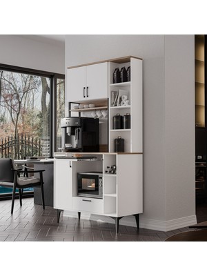 MEZZA 5272 MINERVA Kahve Köşesi 105 cm Çok Amaçlı Dolap Kiler Mutfak Dolabı Sepet Beyaz