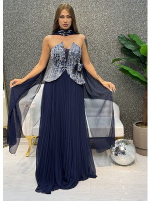 E&A Eren Abiye Gumus Desenlı Pılelı Elbıse