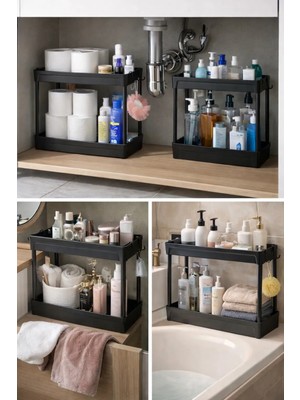 Zerafet Çok Amaçlı 2 Katlı Evye Altı Düzenleyici Askılı Banyo Dolap Içi Organizer Rafı Standı 36x35 cm