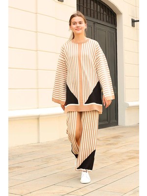 Üreticiniz Çizgili Bisiklet Yaka Triko Takım Vizon 481348