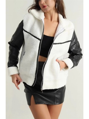 Üreticiniz Deri Garnili Kuzu Peluş Mont Beyaz T1220 481348