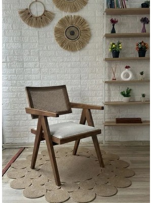 Silla Concept Luna Sandalye Teddy Krem Kumaş Hasırlı Ceviz Ahşap Sandalye