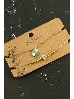 SiHako Yonca Baget Taşlı Lüks Çelik Halhal