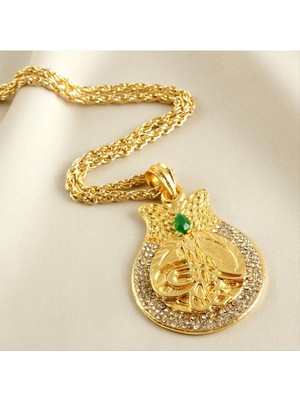 SiHako Lale Şekilli Tuğra Taşlı Altın Kaplama Kolye