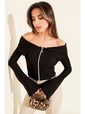 Üreticiniz Omzu Açık Fermuarlı Bluz Siyah T4330 481348