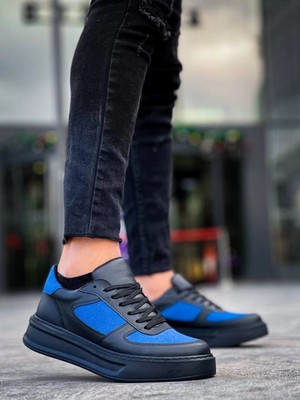 Üreticiniz Kb-X8 Kuback Siyah Cilt Mavi Süet Detaylı Siyah Yüksek Taban Günlük Spor Ayakkabı