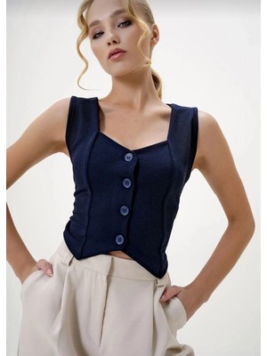 Üreticiniz Krep Kumaş Düğmeli Yelek Lacivert S3395 481348