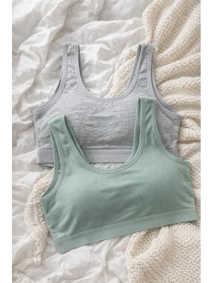 Underwear Bodyway Büyük Beden 2'li Kalın Askılı Fitilli Büstiyer Seti - Yanları Kapatan Pamuklu Crop Yarım Atlet - Uyku Sütyeni