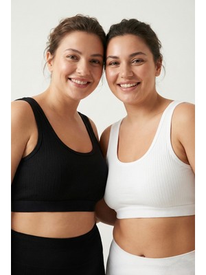 Underwear Bodyway Büyük Beden 2'li Kalın Askılı Fitilli Büstiyer Seti - Yanları Kapatan Pamuklu Crop Yarım Atlet - Uyku Sütyeni