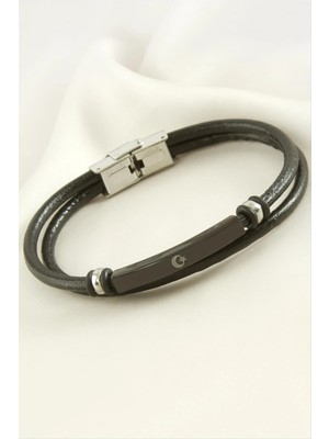 SiHako Ay Yıldız Deri Çelik Bileklik