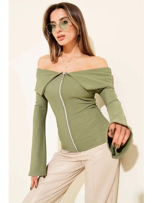 Üreticiniz Omzu Açık Fermuarlı Bluz Haki T4330 481348