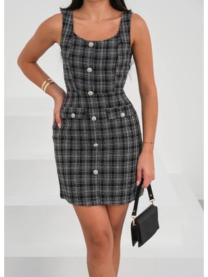 Üreticiniz Askılı Ch Kumaş Düğmeli Elbise Siyahbeyaz H265007 481348