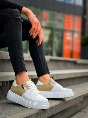 Üreticiniz KB-X155 Kuback Beyaz Cilt Bej Süet Detaylı Beyaz Yüksek Taban Günlük Spor Ayakkabı